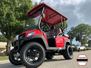 Red Bintelli Beyond 4 Passenger Lifted Golf Cart prime golf cars of vero beach, golf cart rentals